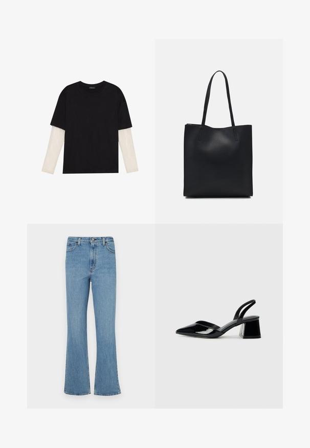 Black T-shirt made of cotton, featuring short sleeves over a white long-sleeve layer with a subtle textured pattern. Crew neckline design.; Light blue denim flared jeans with a high waist, featuring five pocket styling, belt loops, and a faded finish.; Black patent leather slingback heels with a pointed toe and a geometric block heel. Features a sleek, minimal design and smooth texture.; Black leather tote bag with smooth texture, rectangular shape, and two long handles. No visible hardware or embellishments.