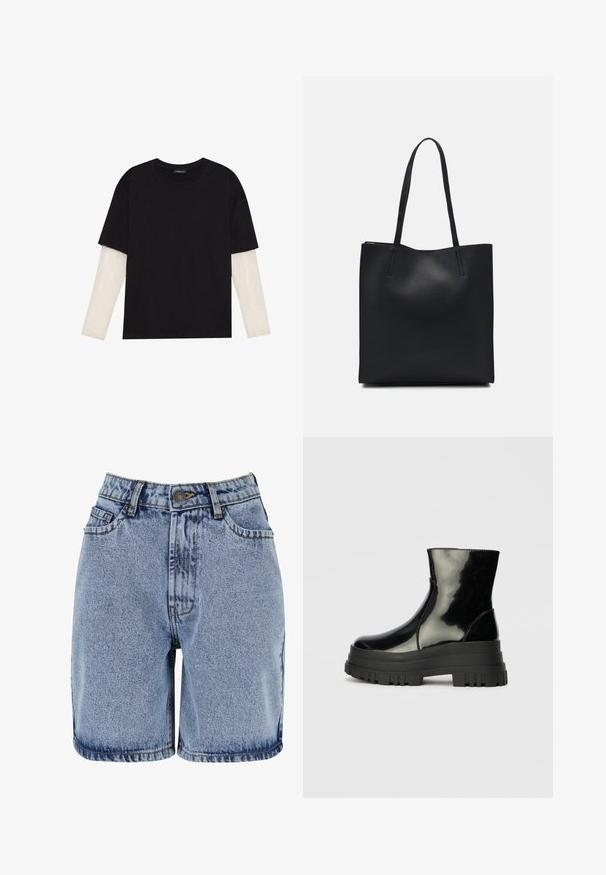 Fekete pamut póló, rövid ujjal, fehér hosszú ujjú réteg fölött, finom textúrával. Kerek nyakkivágású dizájn.; Világoskék mosású farmer rövidnadrág, öt zsebbel, látható varrással és gombos záródással, egyenes szabással és felgöngyölt szegéllyel.; Fekete fényes boka csizma vastag bordázott talppal és kerek orral, oldalnézet világos szürke háttér előtt.; Fekete bőrtáska sima felszínnel, téglalap alakú, két hosszú füllel. Nincs látható fémkiegészítő vagy díszítés.