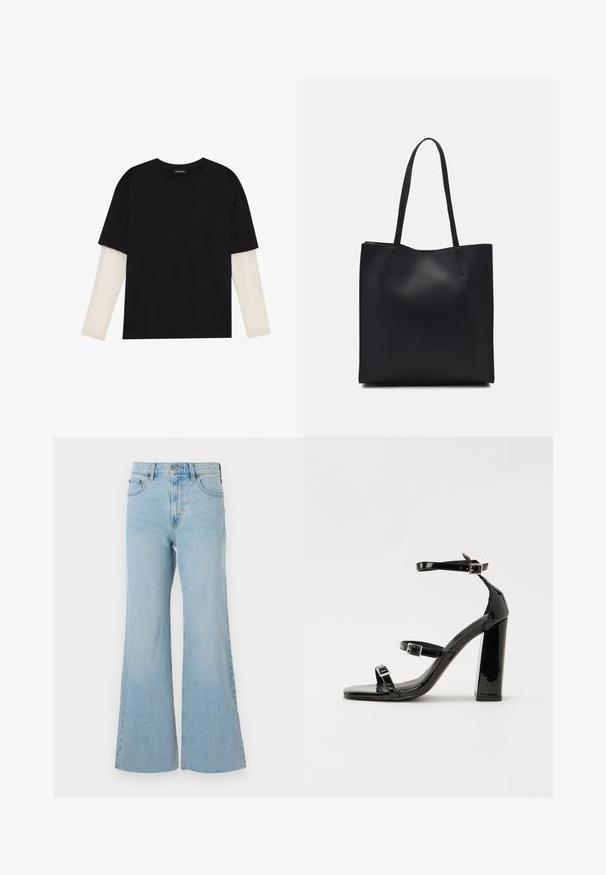 Black T-shirt made of cotton, featuring short sleeves over a white long-sleeve layer with a subtle textured pattern. Crew neckline design.; Light blue denim flared jeans with a high waist, featuring a classic button and zipper closure, and slight fading throughout the fabric.; Black patent heeled sandals with a square toe, ankle straps, and silver buckles. Features a chunky block heel for stability.; Black leather tote bag with smooth texture, rectangular shape, and two long handles. No visible hardware or embellishments.