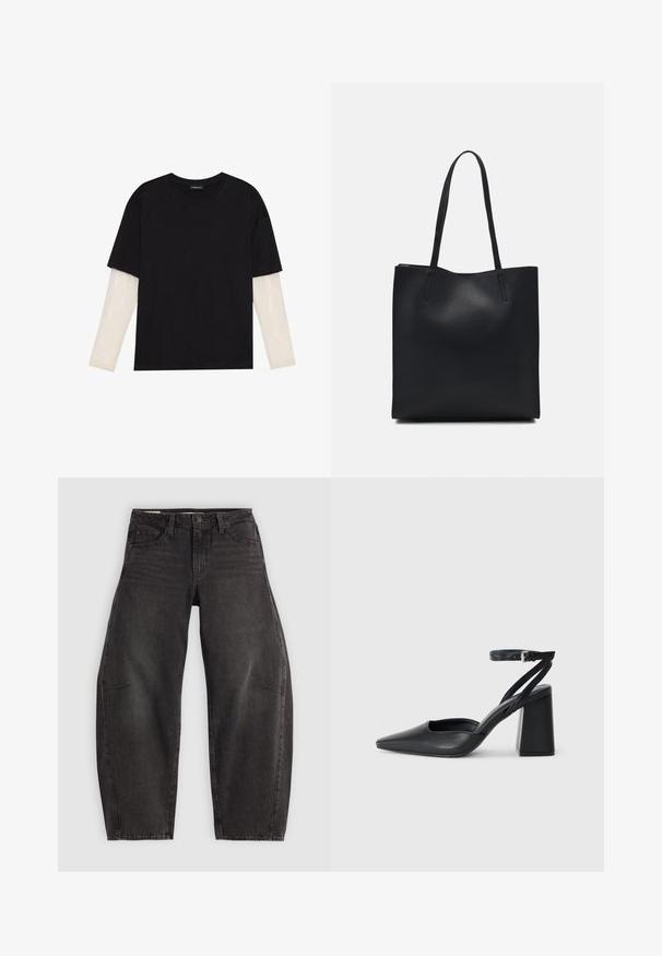 Svart T-skjorte laget av bomull, med korte ermer over et hvitt langermet lag med en subtil teksturert mønster. Rund hals design.; Svarte denimjeans med avslappet passform, som har fem lommer, knappelukking og subtil falming. Stoffet har en glatt og robust tekstur.; Svart lær pumps med spiss tå, ankelrem og kraftig hæl. Flat tekstur, strømlinjeformet design og minimalisme.; Svart lær tote bag med glatt tekstur, rektangulær form og to lange håndtak. Ingen synlige deler eller dekorasjoner.