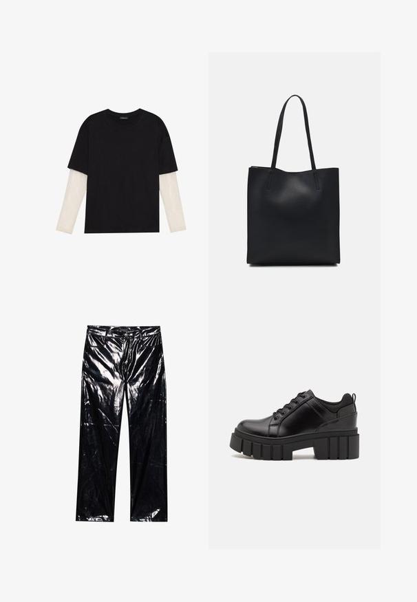 Melna kokvilnas T-kreklu ar īsām piedurknēm, virs baltas garām piedurknēm ar smalku teksturētu rakstu. Apaļas kakla izgriezuma dizains.; Melni, augsti spīdīgi faux ādas bikses ar platām kājām, klasisko piecu kabatu dizainu, pogas un rāvējslēdzēja aizdari, kā arī spīdīgu tekstūru.; Melnas ādas platformas kurpes ar masīvu bloku papēdi, apaļu purngalu un tradicionālu saistīšanas dizainu. Izceļas ar gludu tekstūru un minimālu apdari.; Melnas ādas somiņa ar gludu tekstūru, taisnstūra formu un divām garām rokturiem. Nav redzamu aparatūras vai rotājumu.