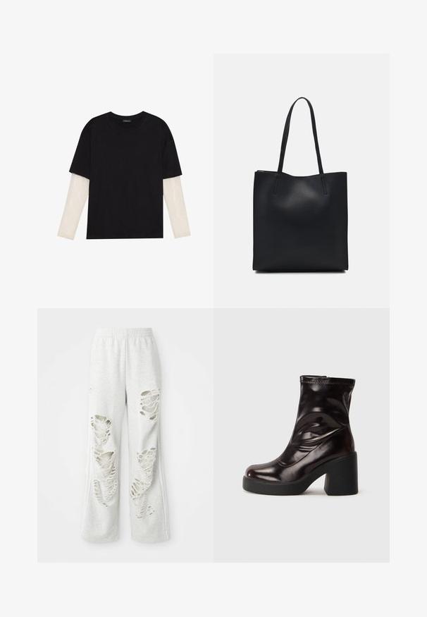 T-shirt preta de algodão, com mangas curtas sobre uma camada de mangas longas branca com um padrão texturizado subtil. Design de decote redondo.; Calças de treino cinza claro com um ajuste solto, apresentando vários remendos desgastados, textura suave e uma cintura elástica.; Botim preto brilhante até ao tornozelo com salto bloco espesso e biqueira redonda, parte superior em couro liso com detalhes de costura subtil.; Bolsa tote preta em couro com textura lisa, forma retangular e duas alças longas. Sem hardware ou enfeites visíveis.