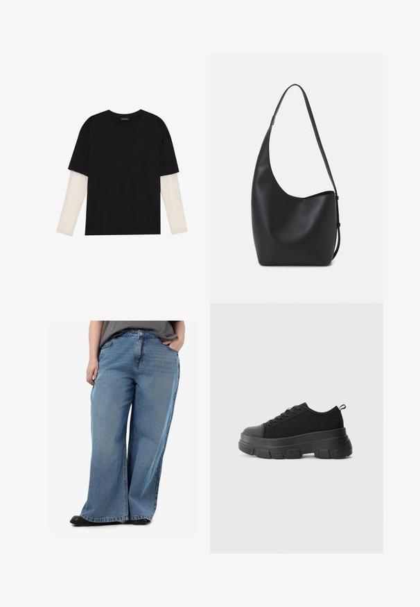 Juodas medvilninis marškinėliai su trumpomis rankovėmis, virš baltos ilgo rankovio sluoksnio, turinčio subtilų tekstūrinį raštą. Apvalus iškirpimas.; Plati blauji džinsai su vidutinio aukščio liemeniu, turintys priekinės kišenės ir tiesią kirpimą. Audinys turi švelnią struktūrą ir nublukusią apdailą.; Juodos sportinės bateliai su stambiu guminiais padu, tekstūrizuotu audinio viršumi, apvaliu pirštu ir raištelių uždarymu. Yra sutvirtinti akių angos ir nugaros kilputė.; Juodas odinis hobo maišas su lygiu paviršiumi, kreipta forma ir viena reguliuojama rankena; turi platų atidarymą viršuje.