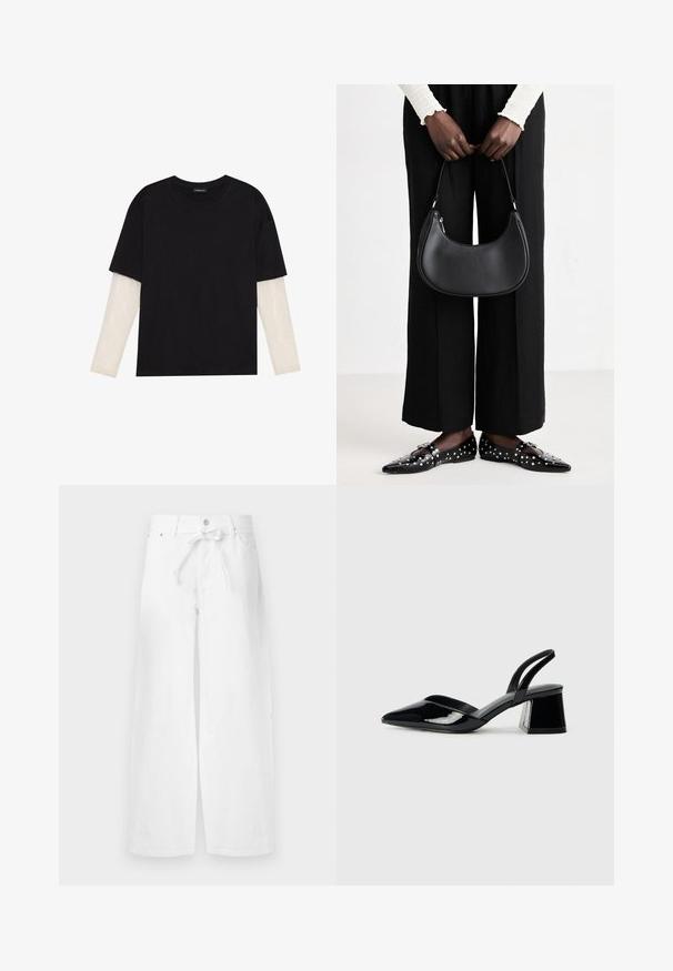 Černé tričko z bavlny s krátkým rukávem, pod kterým je bílá podvlékací halenka s dlouhým rukávem a jemným texturovaným vzorem. Design s kulatým výstřihem.; Bílé široké kalhoty vyrobené z bavlny, s pasem na šňůrku, jedním knoflíkem na zapínání a předními kapsami. Hladká textura, bez vzorů.; Černé lakované kožené lodičky na pásku s špičatou špičkou a geometrickým blokovým podpatkem. Vyznačují se elegantním, minimalistickým designem a hladkým povrchem.; Černá kožená kabelka přes rameno s kulatým tvarem, lesklým povrchem a stříbrnými kovovými prvky. Osoba v černých širokých kalhotách a s ozdobenými mokasíny.