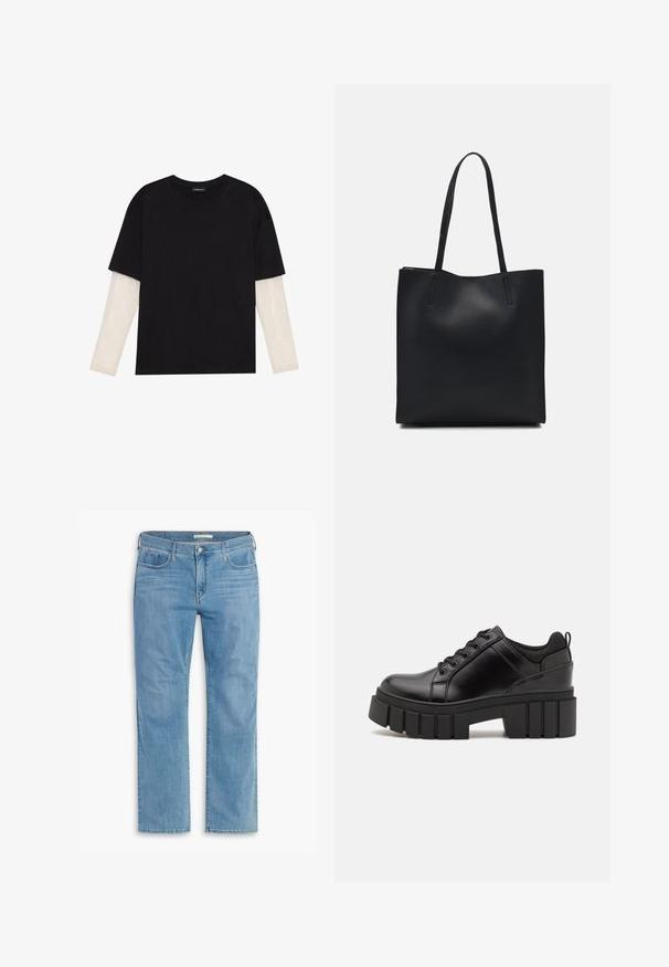 Zwarte T-shirt van katoen, met korte mouwen over een witte lange mouw laag met een subtiel textuurpatroon. Ronde hals ontwerp.; Lichtblauwe rechte spijkerbroek met vijf zakken, knoopsluiting en riemlussen, gemaakt van denim met een zachte textuur en subtiele vervaging.; Zwarte leren platform schoenen met een stevige blokhak, ronde neus en een traditionele vetersluiting. Kenmerkt zich door een gladde textuur en minimale details.; Zwarte leren handtas met een gladde textuur, rechthoekige vorm en twee lange handvaten. Geen zichtbare hardware of versieringen.