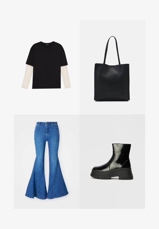 Črna majica iz bombaža s kratkimi rokavi, ki pokriva belo dolgi rokav z subtilnim teksturiranim vzorcem. Oblika izrezanega vratu.; Denim flare hlače z zmerno modrim pranjjem, visokim pasom in širokimi nogami. Imajo vidno šivanje in zaponko na pasu.; Črne sijajne gležnjarje z debelim profilom podplata in zaobljenim nosom, stranski pogled na enostavni svetlo sivi ozadju.; Črna usnjena torba s svilnato teksturo, pravokotne oblike in dvema dolgima ročajema. Brez vidnih metalnih delov ali okrasnih elementov.