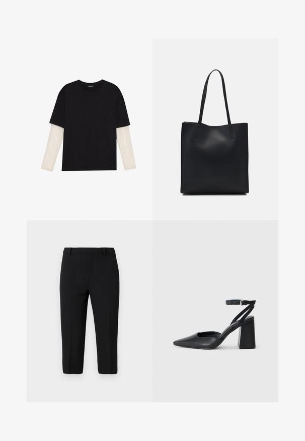T-shirt preta de algodão, com mangas curtas sobre uma camada de mangas longas branca com um padrão texturizado subtil. Design de decote redondo.; Calças pretas sob medida feitas de material leve, com uma textura suave, corte reto e pregas frontais para um visual polido.; Sandal com biqueira afilada em couro preto, com cinta no tornozelo e salto grosso. Textura lisa, design elegante e estética minimalista.; Bolsa tote preta em couro com textura lisa, forma retangular e duas alças longas. Sem hardware ou enfeites visíveis.
