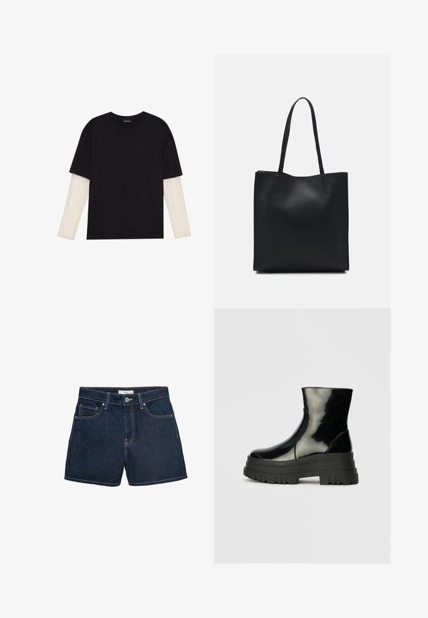 Zwarte T-shirt van katoen, met korte mouwen over een witte lange mouw laag met een subtiel textuurpatroon. Ronde hals ontwerp.; Donkerblauwe denim shorts met een getailleerde tailleband, vijf-pocket ontwerp en contrasterend stiksel rond de randen. Klassieke knoopsluiting.; Zwarte glanzende enkelboot met dikke profielzool en ronde neus, zijaanzicht op een effen lichtgrijze achtergrond.; Zwarte leren handtas met een gladde textuur, rechthoekige vorm en twee lange handvaten. Geen zichtbare hardware of versieringen.