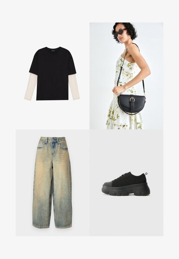 Crni majica od pamuka, s kratkim rukavima preko bijele dugorukave slojevite s suptilnim teksturiranim uzorkom. Dizajn s okruglim izrezom.; The Ragged Priest TOXIC GOLIATH - Široke nogavice - dirty sand; Crne tenisice s debelim gumenenim potplatom, teksturiranim gornjim dijelom od tkanine, okruglim vrhom i dizajnom s vezicama. Imaju pojačane rupice za vezice i dodatak za povlačenje straga.; Crna kožna torba s lukovitim oblikom, odvojivim remenom i zlatnim detaljima. Torba ima preklop s kopčom.