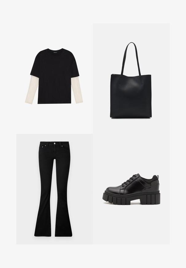 Μαύρο μπλουζάκι από βαμβάκι, με κοντά μανίκια πάνω από ένα λευκό μπλουζάκι με μακριά μανίκια και διακριτό υφασμάτινο σχέδιο. Σχέδιο με στρογγυλή λαιμόκοψη.; Μαύρα καμπάνα τζιν φτιαγμένα από τζιν ύφασμα, με κλείσιμο μπροστά με κουμπί, δύο μπροστινές τσέπες και εφαρμοστή σχεδίαση που ανοίγει κάτω από το γόνατο.; Μαύρα δερμάτινα παπούτσια πλατφόρμας με παχύ μπλοκ τακούνι, στρογγυλή μύτη και παραδοσιακό σχέδιο δέσιμο. Διαθέτουν λεία υφή και ελάχιστες λεπτομέρειες.; Μαύρη δερμάτινη τσάντα tote με λείο υφή, ορθογώνιο σχήμα και δύο μακριές λαβές. Χωρίς ορατό υλικό ή διακοσμητικά στοιχεία.