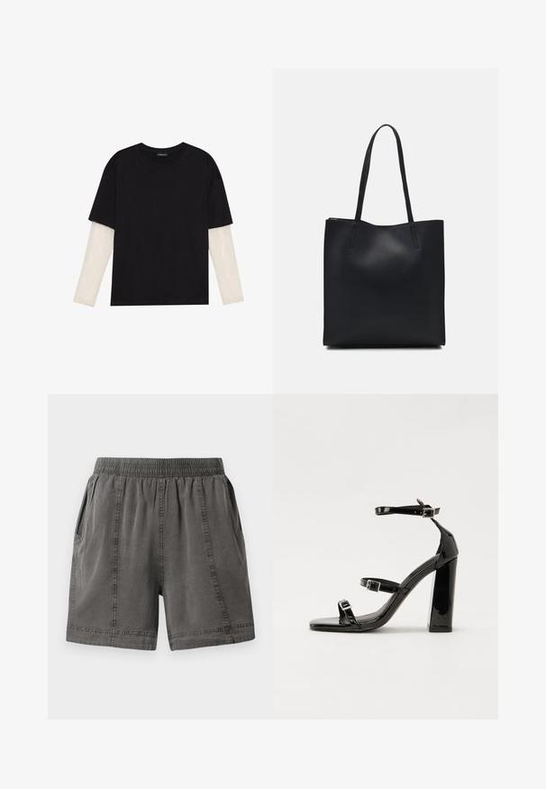 Tricou negru din bumbac, cu mâneci scurte, peste un strat alb cu mâneci lungi, având un model texturat subtil. Design cu guler rotund.; Șorturi gri dintr-un amestec de bumbac, cu talie elastică, buzunare laterale și detalii cusute pe cusături. Textură moale și croială lejeră.; Sandale cu toc din patent negru, cu vârf pătrat, curele la gleznă și catarame din argint. Dispune de un toc gros pentru stabilitate.; Geantă tote neagră din piele, cu textură netedă, formă rectangulară și două mânere lungi. Fără hardware vizibil sau ornamente.