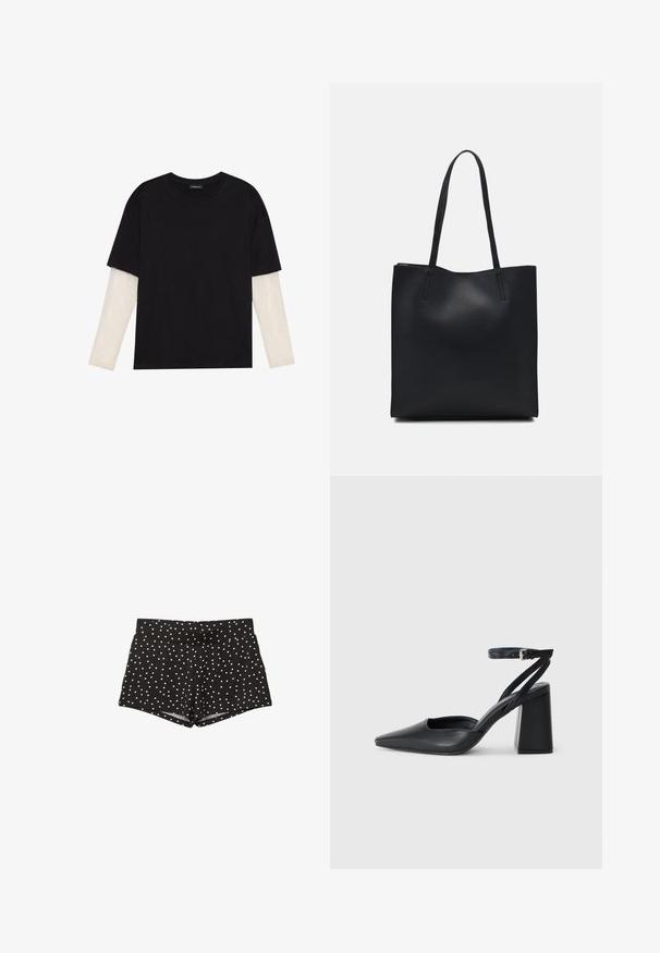 Mustapaita, joka on valmistettu puuvillasta ja jossa on lyhyet hihat valkoisen pitkähihasen kerroksen päällä, jossa on hienovarainen teksturoitu kuvio. Pyöreä kaula-aukko.; Mustat korkeavyötäröiset shortsit, joissa on valkoisia pilkkuja, litteä etuosa ja tiukka siluetti, esitelty valkoista taustaa vasten.; Mustat nahkakengät, joissa on kapea kärki, nilkkaremmi ja paksu korko. Tasainen pinta, tyylikäs muotoilu ja minimalistinen estetiikka.; Mustapahkainen kangaskassi, jossa on sileä pinta, suorakaiteen muotoinen ja kaksi pitkää kahvaa. Ei näkyvää metalliosaa tai koristeita.