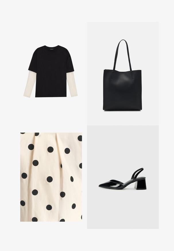 Černé tričko z bavlny s krátkým rukávem, pod kterým je bílá podvlékací halenka s dlouhým rukávem a jemným texturovaným vzorem. Design s kulatým výstřihem.; Bavlněná tkanina má krémové pozadí s rovnoměrně rozmístěnými černými puntíky. Textura vypadá hladce s jemným drapériovým detailem.; Černé lakované kožené lodičky na pásku s špičatou špičkou a geometrickým blokovým podpatkem. Vyznačují se elegantním, minimalistickým designem a hladkým povrchem.; Černá kožená taška přes rameno s hladkým povrchem, obdélníkovým tvarem a dvěma dlouhými uchy. Žádné viditelné kování ani ozdoby.; Stříbrné náušnice ve tvaru srdce mají fasetované průhledné kameny a texturovaný rám. Sada zahrnuje styl pecek a visacích náušnic.