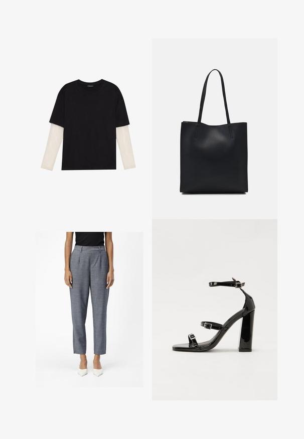 Fekete pamut póló, rövid ujjal, fehér hosszú ujjú réteg fölött, finom textúrával. Kerek nyakkivágású dizájn.; Szürke, szabott nadrágok texturált felülettel, magas derékkal, oldalsó zsebekkel és karcsú, 3/4-es lábszárral. A szettet fehér, hegyes orrú magassarkú cipők egészítik ki.; Fekete lakk magas sarkú szandál négyzet alakú orral, bokapántokkal és ezüst csatokat tartalmaz. Masszív blokk sarka a stabilitásért felel.; Fekete bőrtáska sima felszínnel, téglalap alakú, két hosszú füllel. Nincs látható fémkiegészítő vagy díszítés.