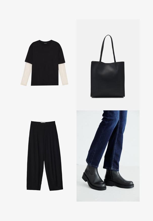 Zwarte T-shirt van katoen, met korte mouwen over een witte lange mouw laag met een subtiel textuurpatroon. Ronde hals ontwerp.; Zwarte wijde broek van lichtgewicht stof, met voorplooien, een klassieke tailleband en zijzakken. Soepele textuur.; Zwarte leren enkelboots met een dikke zool en zij-elastische panelen, gecombineerd met donkerblauwe jeans. De grond is lichtgekleurd.; Zwarte leren handtas met een gladde textuur, rechthoekige vorm en twee lange handvaten. Geen zichtbare hardware of versieringen.