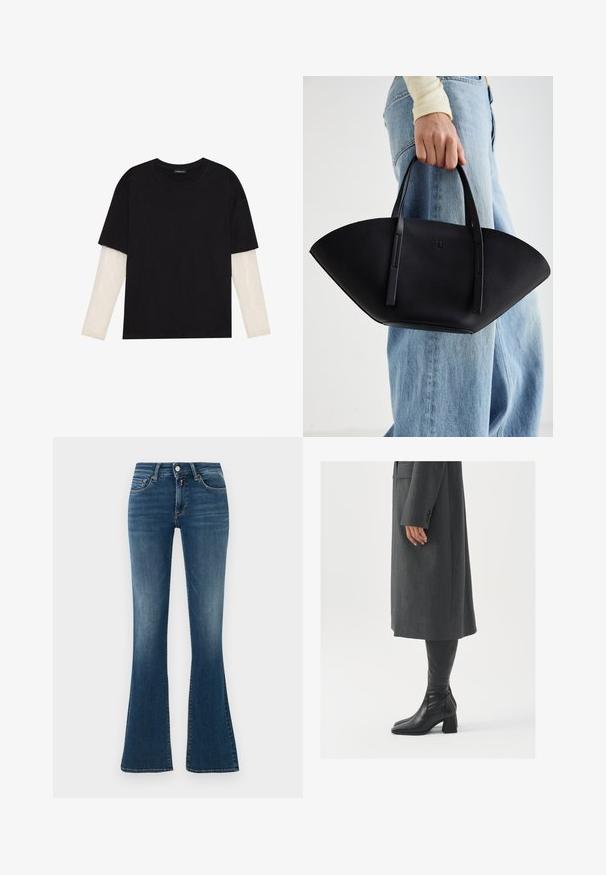 T-shirt preta de algodão, com mangas curtas sobre uma camada de mangas longas branca com um padrão texturizado subtil. Design de decote redondo.; Veja azul em jeans de cintura alta com leve desbotamento, bolsos frontais, botão, fecho de correr e pernas largas contra um fundo claro e simples.; Casaco cinza, ajustado, com corte reto; combinado com botas de couro pretas até ao joelho, com biqueira quadrada e salto grosso.; Bolsa de mão em couro preto com uma forma única em leque, apresentando alças planas. A superfície tem uma textura pebble e um design minimalista.
