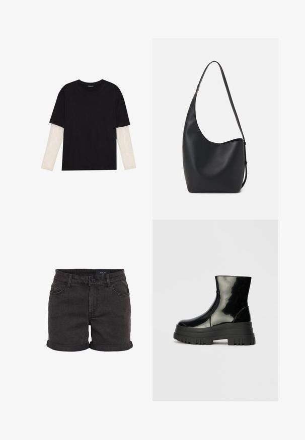 Mustapaita, joka on valmistettu puuvillasta ja jossa on lyhyet hihat valkoisen pitkähihasen kerroksen päällä, jossa on hienovarainen teksturoitu kuvio. Pyöreä kaula-aukko.; Mustat farkkushortsit, joissa on käännetyt lahkeet, viiden taskun malli ja nappikiinnitys vyötäröllä. Sileä tekstuuri, rento istuvuus.; Musta kiiltävä nilkkuri paksulla karkealla pohjalla ja pyöristetyllä kärjellä, sivukuva vaaleanharmaalla yksinkertaisella taustalla.; Musta nahkainen hobo-laukku, jossa on sileä pinta, kaareva muoto ja yksi säädettävä olkahihna; sisäänkäynti on leveä ylhäältä.