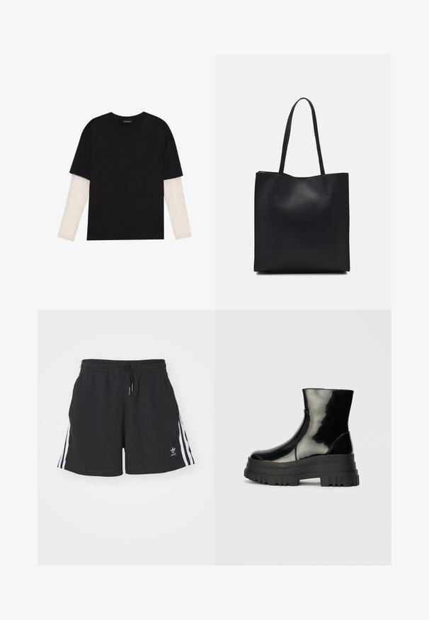 Svart T-skjorte laget av bomull, med korte ermer over et hvitt langermet lag med en subtil teksturert mønster. Rund hals design.; Svarte atletiske shorts laget av bomullsblanding, med hvite sidestreker, elastisk liv med snor, og liten logo på kanten.; Svart, blank ankelstøvel med tykk såle og rund tå, sett fra siden på en enkel, lys grå bakgrunn.; Svart lær tote bag med glatt tekstur, rektangulær form og to lange håndtak. Ingen synlige deler eller dekorasjoner.