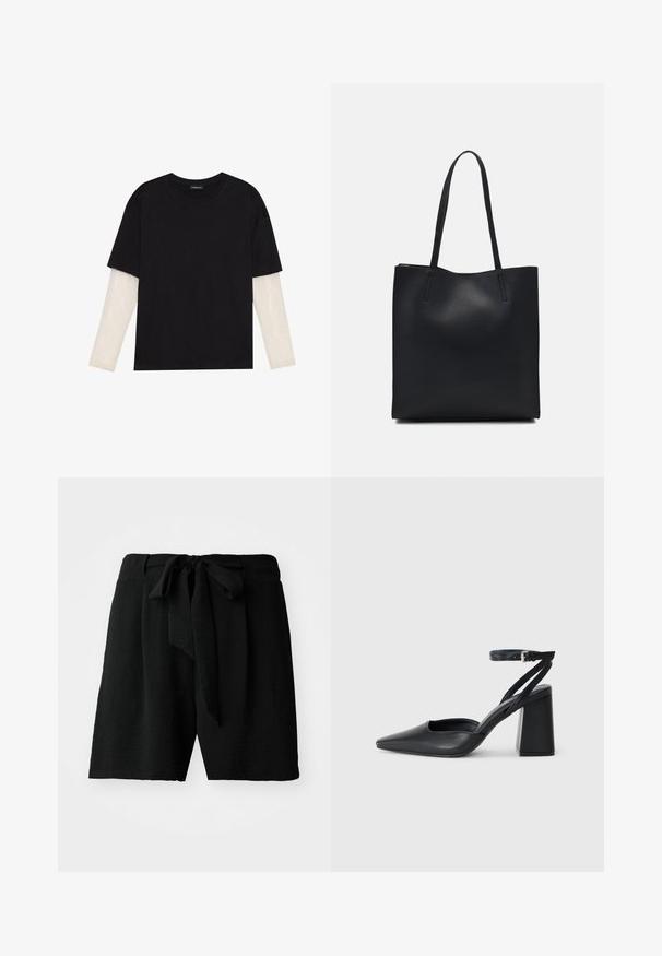 Mustmust särk, mis on valmistatud puuvillast, lühikeste varrukatega, valge pika varrukaga kihi peal, millel on peene tekstuuriga muster. Ümar kaelus.; Must have lühikesed püksid, mis on valmistatud tekstuuriga kangast, nagu riistatud, millel on vöökoht sidumiseks ja lõdva istuvusega, ulatudes reie keskosa pikkusesse.; Mustmustest must-käigukingad, millel on konksuga nöör ja paks konts. Ühtlane tekstuur, stiilne disain ja minimalistlik esteetika.; Mustast nahast kott sujuva tekstuuriga, ristkülikukujuline ja kahe pika sangaga. Pole nähtavat riistvara ega kaunistusi.