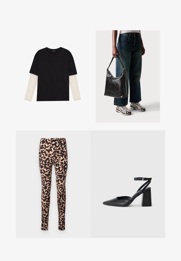 T-shirt preta de algodão, com mangas curtas sobre uma camada de mangas longas branca com um padrão texturizado subtil. Design de decote redondo.; Leggings com padrão de onça, apresentando um tecido liso e elástico, cintura média e silhueta ajustada. Padrão em tons de castanho e preto.; Sandal com biqueira afilada em couro preto, com cinta no tornozelo e salto grosso. Textura lisa, design elegante e estética minimalista.; Bolsa de ombro em couro preto com textura suave e alça ajustável, combinada com jeans de perna larga desbotados e ténis desportivos.