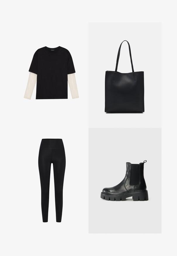 Černé tričko z bavlny s krátkým rukávem, pod kterým je bílá podvlékací halenka s dlouhým rukávem a jemným texturovaným vzorem. Design s kulatým výstřihem.; Černé legíny vyrobené z elastické tkaniny. Vysoký pas, hladká textura, těsný střih, žádné viditelné vzory nebo akcenty.; Černá kožená kotníková bota s elastickými bočními panely, silnou podrážkou s výrazným vzorkem a poutkem na světle šedém pozadí, boční pohled.; Černá kožená taška přes rameno s hladkým povrchem, obdélníkovým tvarem a dvěma dlouhými uchy. Žádné viditelné kování ani ozdoby.
