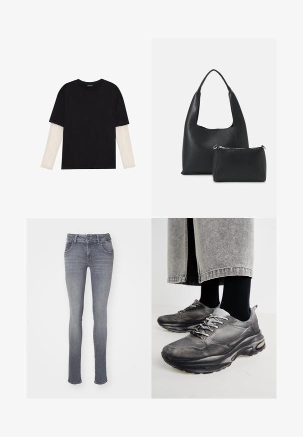 Crni majica od pamuka, s kratkim rukavima preko bijele dugorukave slojevite s suptilnim teksturiranim uzorkom. Dizajn s okruglim izrezom.; Sive farmerice od denim materijala s uskim krojem, dizajnom s pet džepova i zatvaranjem na dugme. Imaju blago ispucalu boju i klasičan ravni kroj nogavica.; Crne i sivo sportske cipele imaju mrežastu gornjište, debele potplate i vezice. Imaju zaobljen vrh i vidljive detalje s jastučićima.; Even&Odd Ručna torba - black