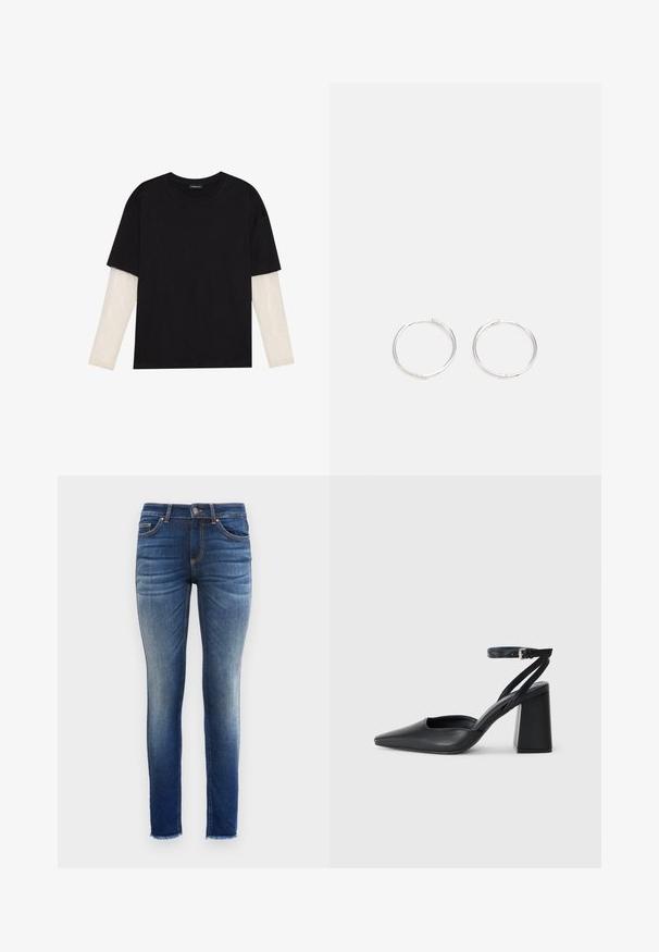 Juodas medvilninis marškinėliai su trumpomis rankovėmis, virš baltos ilgo rankovio sluoksnio, turinčio subtilų tekstūrinį raštą. Apvalus iškirpimas.; Lieknos džinsai, pagaminti iš džinsinio audinio, su gradientiniu skalbiniu nuo tamsiai mėlynos iki šviesiai mėlynos, penkių kišenių dizainu ir sušalusių kraštų prie kulkšnų.; Juoda odinė smailiagalė aukštakulnio bateliai su kulkšnies dirželiu ir storu kulnu. Lygus paviršius, elegantiškas dizainas ir minimalistiška estetinė. ; Sidabrinės auskarai žiedai su sėslia, apvalia forma, pasižymintys lygia paviršiumi ir be matomų puošmenų. Svoris nenurodytas.