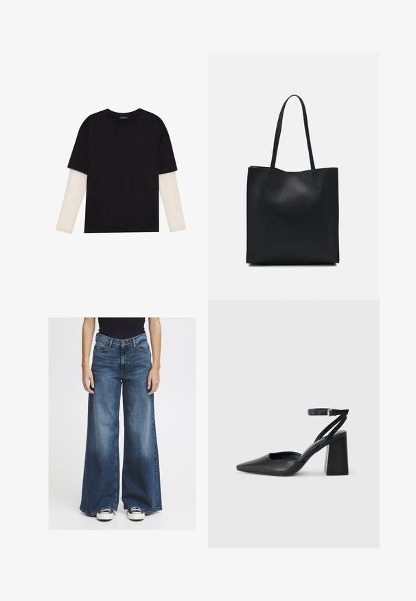 Mustmust särk, mis on valmistatud puuvillast, lühikeste varrukatega, valge pika varrukaga kihi peal, millel on peene tekstuuriga muster. Ümar kaelus.; Laiad sinised denim püksid, millel on pleekinud viimistlus. Omab klassikalist viie tasku disaini, nööbiga kinnitust ja lõdva istuvust puusas ja taljes.; Mustmustest must-käigukingad, millel on konksuga nöör ja paks konts. Ühtlane tekstuur, stiilne disain ja minimalistlik esteetika.; Mustast nahast kott sujuva tekstuuriga, ristkülikukujuline ja kahe pika sangaga. Pole nähtavat riistvara ega kaunistusi.