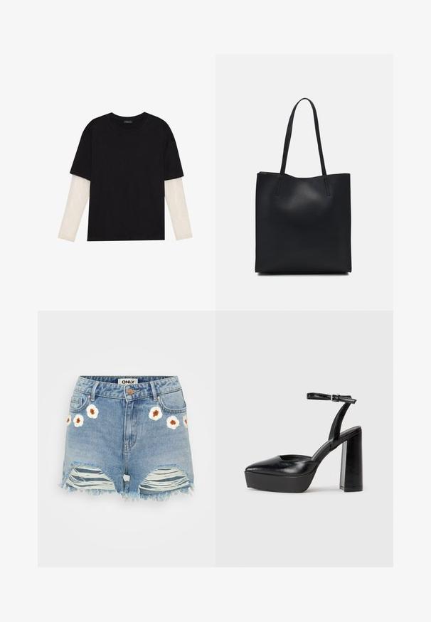 Svart T-skjorte laget av bomull, med korte ermer over et hvitt langermet lag med en subtil teksturert mønster. Rund hals design.; Lys blå denimshorts med broderte hvite blomster og brune midtpunkt på forsiden. Slitt kant og rifter på beina.; Sorte plattformhelter med spiss tå og justerbar ankelrem. Laget av glatt lær, med en robust blokkhel.; Svart lær tote bag med glatt tekstur, rektangulær form og to lange håndtak. Ingen synlige deler eller dekorasjoner.