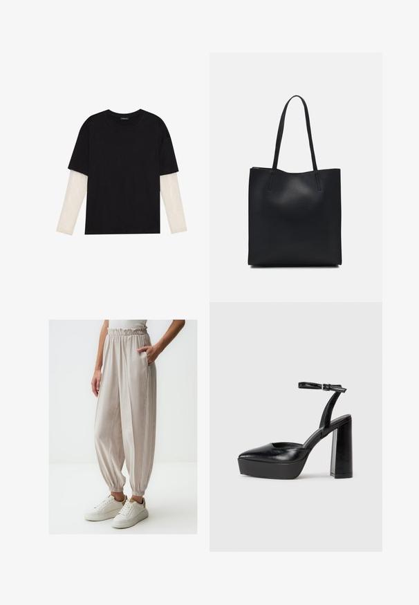 Black T-shirt made of cotton, featuring short sleeves over a white long-sleeve layer with a subtle textured pattern. Crew neckline design.; Light beige, loosely fitting pants with a gathered waist and elastic cuffs, featuring side pockets and smooth texture, paired with white sneakers.; Black platform heels with a pointed toe and adjustable ankle strap. Constructed from smooth leather, featuring a chunky block heel.; Black leather tote bag with smooth texture, rectangular shape, and two long handles. No visible hardware or embellishments.
