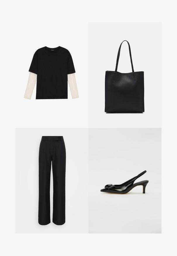 Black T-shirt made of cotton, featuring short sleeves over a white long-sleeve layer with a subtle textured pattern. Crew neckline design.; Black wide-leg trousers made from a smooth fabric, featuring a high waist and subtle front pleats; no visible patterns or hardware.; Black patent leather slingback shoe with a pointed toe, small heel, and a prominent bow accent on the vamp. Smooth texture and sleek design.; Black leather tote bag with smooth texture, rectangular shape, and two long handles. No visible hardware or embellishments.; Zign 2 PACK - Bracelet - gold-coloured/silver-coloured