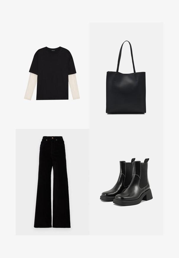 Svart t-shirt i bomull, med korta ärmar över ett vitt långärmat lager med en subtil texturdesign. Rundad halsringning.; ONLY Tall ONLHOPE GLOBAL HIGH WAIST WIDE - Tygbyxor - black; Svarta läder Chelsea-boots med en kraftig klack, elastiska sidpaneler och kontrasterande vit sömnad. Texturerad yta.; Svart lädertoffelväska med slät textur, rektangulär form och två långa handtag. Ingen synlig hårdvara eller dekorationer.