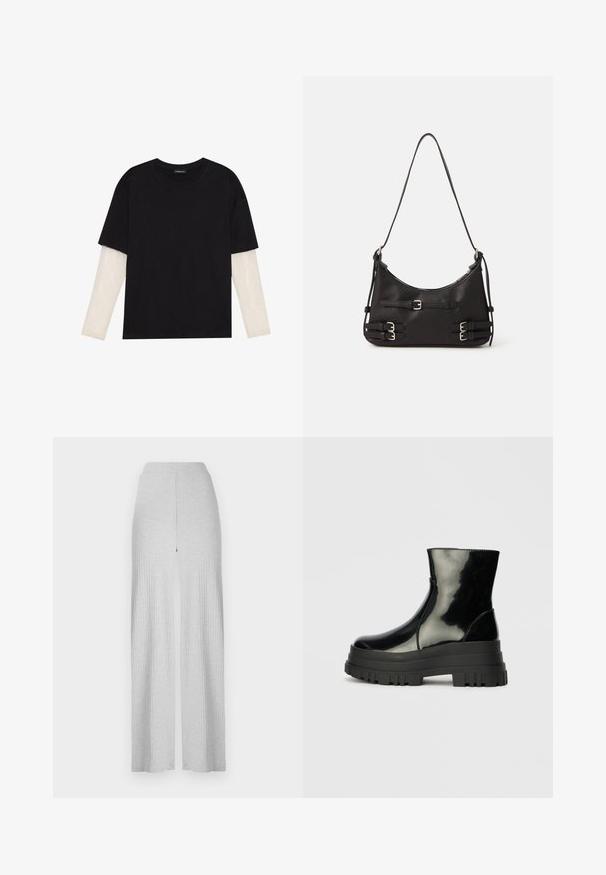 Črna majica iz bombaža s kratkimi rokavi, ki pokriva belo dolgi rokav z subtilnim teksturiranim vzorcem. Oblika izrezanega vratu.; Svetlo sivi rebrasti široki hlače z visokim pasom in sprednjim razporkom. Narejene iz mehkega materiala z gladko teksturo.; Črne sijajne gležnjarje z debelim profilom podplata in zaobljenim nosom, stranski pogled na enostavni svetlo sivi ozadju.; Črna torbica s sklenjeno obliko, narejena iz gladkega materiala. Opremljena je s srebrnimi elementi, nastavljivimi naramnicami in sponkami na straneh.