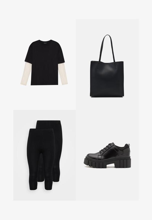 Fekete pamut póló, rövid ujjal, fehér hosszú ujjú réteg fölött, finom textúrával. Kerek nyakkivágású dizájn.; Fekete, rugalmas, varrás nélküli leggings, középidőig érő hosszúsággal, sima textúrával és kényelmes, rugalmas derékkal.; Fekete bőr platform cipők vaskos blokk sarkakkal, kerek orral és hagyományos fűzős kialakítással. Simára csiszolt felület és minimális részletezés jellemzi.; Fekete bőrtáska sima felszínnel, téglalap alakú, két hosszú füllel. Nincs látható fémkiegészítő vagy díszítés.