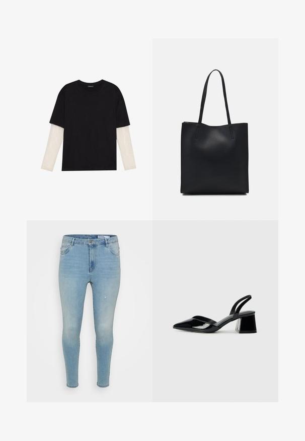 Black T-shirt made of cotton, featuring short sleeves over a white long-sleeve layer with a subtle textured pattern. Crew neckline design.; Light blue denim jeans with a slim fit, featuring a mid-rise waist, classic five-pocket design, and subtle distressed details on the front.; Black patent leather slingback heels with a pointed toe and a geometric block heel. Features a sleek, minimal design and smooth texture.; Black leather tote bag with smooth texture, rectangular shape, and two long handles. No visible hardware or embellishments.