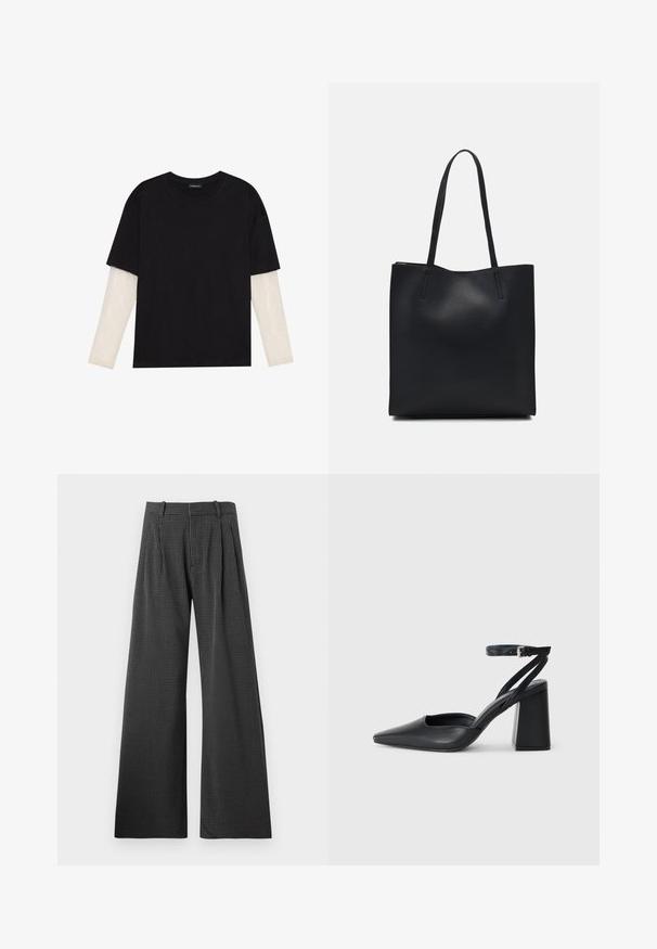 Black T-shirt made of cotton, featuring short sleeves over a white long-sleeve layer with a subtle textured pattern. Crew neckline design.; Black and white houndstooth wide-leg trousers with front pleats. Made of a textured fabric, featuring a tailored waistband and pockets.; Black leather pointy-toe pump with an ankle strap and a chunky heel. Flat texture, sleek design, and minimalistic aesthetics.; Black leather tote bag with smooth texture, rectangular shape, and two long handles. No visible hardware or embellishments.