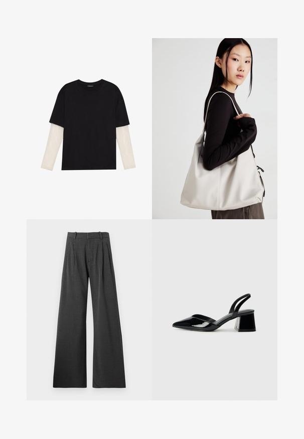 Mustmust särk, mis on valmistatud puuvillast, lühikeste varrukatega, valge pika varrukaga kihi peal, millel on peene tekstuuriga muster. Ümar kaelus.; Mustvalge houndstooth mustre as laiad püksid eesplekkidega. Valmistatud tekstureeritud kangast, millel on kohandatud vöökoht ja taskud.; Mustad musta lakknahk kingad, millel on terav varvas ja geomeetriline plokkkonts. Omab elegantselt minimalistlikku disaini ja sujuvat tekstuuri.; Bež käekott pehme materjali, millel on lõtv disain, õmblustega detailid ja kaks õlarihma. Sobib igapäevaseks kasutamiseks.