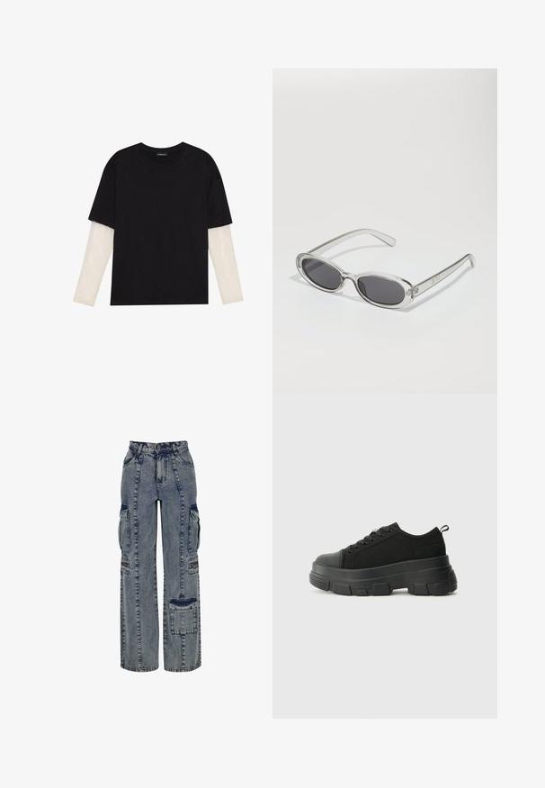 Čierne tričko z bavlny, s krátkymi rukávmi cez biele tričko s dlhým rukávom, s jemným textúrovaným vzorom. Design s okrúhlym výstrihom.; Džínsy cargo v svetlomodrej farbe. Obsahujú široké nohavice, niekoľko bočných vreciek a kontrastné tmavé džínsy. Štruktúrované s viditeľnými švami.; Čierne tenisky s masívnou gumovou podrážkou, textúrovaným textilným zvrškom, okrúhlou špičkou a šnurovaním. Obsahujú spevnené očká a zadný úchop.; Slnečné okuliare oválneho tvaru, s priehľadným plastovým rámom, tmavošedými šošovkami a tenkými priehľadnými ramienkami s logovými akcentmi a minimálnym detailovaním.; Čierna kožená taška na rameno s hladkým povrchom, obdĺžnikovým tvarom a dvoma dlhými uchami. Bez viditeľného kovania alebo ozdôb.