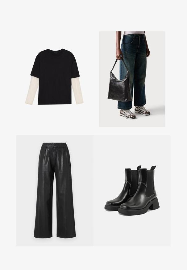 Μαύρο μπλουζάκι από βαμβάκι, με κοντά μανίκια πάνω από ένα λευκό μπλουζάκι με μακριά μανίκια και διακριτό υφασμάτινο σχέδιο. Σχέδιο με στρογγυλή λαιμόκοψη.; Μαύρο φινιρισμένο δερμάτινο παντελόνι με φαρδιά γραμμή, με ελαστική μέση, που διαθέτει δύο πλαϊνές τσέπες και λείο, γυαλιστερό υλικό.; Μαύρα δερμάτινα μποτάκια Chelsea με χοντρό τακούνι, ελαστικές πλευρικές επενδύσεις και αντίθετη λευκή ραφή. Υφή με υφιστάμενη αίσθηση.; Μαύρη δερμάτινη τσάντα ώμου με μαλακή υφή και ρυθμιζόμενο λουρί, συνδυασμένη με ξεθωριασμένα φαρδιά τζιν και αθλητικά sneakers.