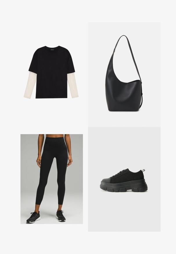 Melna kokvilnas T-kreklu ar īsām piedurknēm, virs baltas garām piedurknēm ar smalku teksturētu rakstu. Apaļas kakla izgriezuma dizains.; Melni augstās jostas bikses ar gludu tekstūru un pieguļošu dizainu, saskaņotas ar melniem sporta apaviem ar baltu zoli.; Melnas kedas ar masīvu gumijas zoli, teksturētu auduma augšdaļu, apaļu purngalu un saistīšanas dizainu. Iekļautas pastiprinātas acs atveres un aizmugurējais cilpiņas siksniņa.; Melnas ādas hobo soma ar gludu tekstūru, izliekta forma un vienu regulējamu jostu; augšā ir plaša atvere.