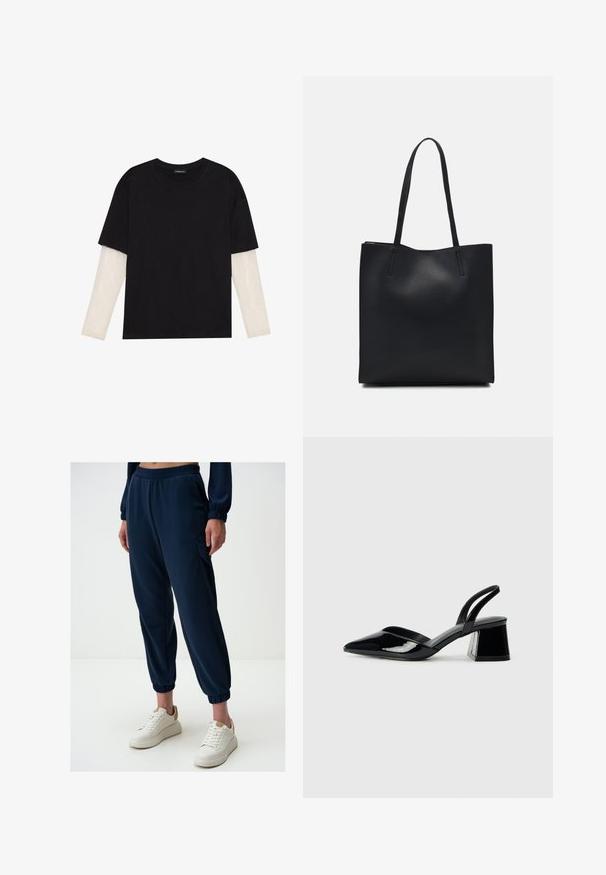 T-shirt noir en coton, avec des manches courtes sur une couche à manches longues blanche avec un motif texturé subtil. Col rond.; Pantalons de jogging bleu marine en tissu doux avec une taille élastique, des poches latérales et des poignets ajustés. Associés à des baskets blanches à plateforme.; Escarpins en cuir verni noir avec bout pointu et talon bloc géométrique. Présente un design élégant et minimaliste ainsi qu'une texture lisse.; Sac fourre-tout en cuir noir avec une texture lisse, de forme rectangulaire et deux longues poignées. Pas de matériel ou d'ornementations visibles.