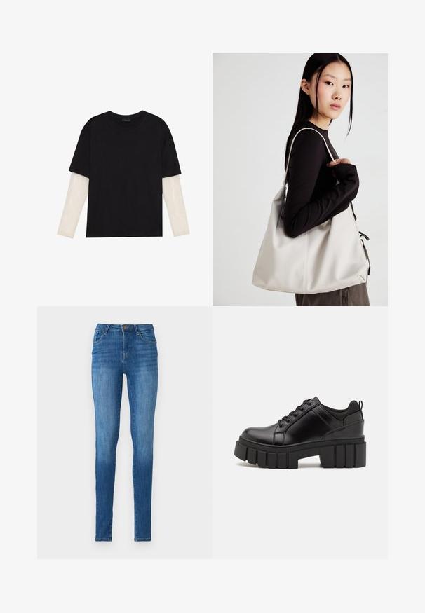 Fekete pamut póló, rövid ujjal, fehér hosszú ujjú réteg fölött, finom textúrával. Kerek nyakkivágású dizájn.; Sötétkék farmer vékony farmernadrág, magas derekú, öt zsebes kialakítással, egyenes lábakkal és enyhe kopással a combokon.; Fekete bőr platform cipők vaskos blokk sarkakkal, kerek orral és hagyományos fűzős kialakítással. Simára csiszolt felület és minimális részletezés jellemzi.; Puha anyagból készült bézs kézitáska, laza dizájnnal, varrott részletekkel és két vállpánttal. Mindennapi használatra alkalmas.