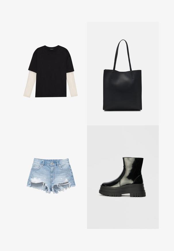Črna majica iz bombaža s kratkimi rokavi, ki pokriva belo dolgi rokav z subtilnim teksturiranim vzorcem. Oblika izrezanega vratu.; Svetlo modri denim kratki hlače z unikatnim posvetljenjem, raztrganimi robovi in petimi žepi. Imajo gumb in zanke za pas.; Črne sijajne gležnjarje z debelim profilom podplata in zaobljenim nosom, stranski pogled na enostavni svetlo sivi ozadju.; Črna usnjena torba s svilnato teksturo, pravokotne oblike in dvema dolgima ročajema. Brez vidnih metalnih delov ali okrasnih elementov.