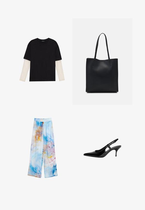 Schwarzes T-Shirt aus Baumwolle mit kurzen Ärmeln über einer weißen Langarmschicht, die ein dezentes strukturiertes Muster aufweist. Rundhalsausschnitt.; Leichte, weit geschnittene Hose mit einem blau-orangefarbenen Aquarellmuster. Elastischer Bund, weicher Stoff und fließende Silhouette.; Schwarze Lackleder-Slingback-Pumpe mit spitzem Zehenbereich, offenen seitlichen Ausschnitten, schlanker Absatz und verstellbarem Knöchelriemen.; Schwarze Laptoptasche aus Leder mit glatter Textur, rechteckiger Form und zwei langen Griffen. Keine sichtbaren Beschläge oder Verzierungen.