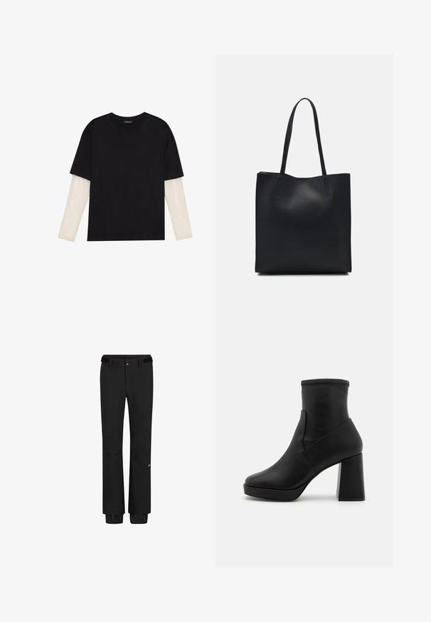 Svart T-skjorte laget av bomull, med korte ermer over et hvitt langermet lag med en subtil teksturert mønster. Rund hals design.; Svarte utendørsbukser har en standard liv med belte, knappelukking, elastiske mansjetter og et logo nederst på benet. Lett, slitesterkt stoff.; Sorte skinnankelstøvler med høy blokkhæl, jevn tekstur og tettsittende overdel. Har et sømløst design uten synlige festemidler.; Svart lær tote bag med glatt tekstur, rektangulær form og to lange håndtak. Ingen synlige deler eller dekorasjoner.