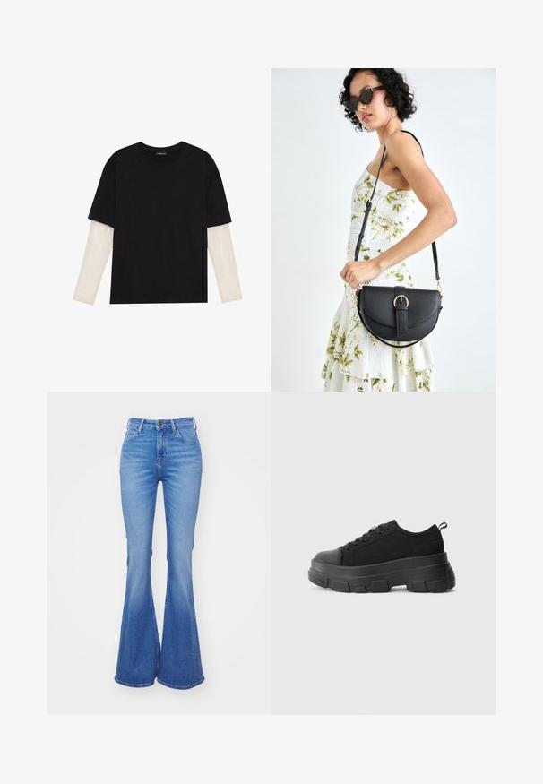 Black T-shirt made of cotton, featuring short sleeves over a white long-sleeve layer with a subtle textured pattern. Crew neckline design.; Light blue flared jeans made from denim, featuring a high waist, five pockets, and a slight fade towards the hem. Silver button closure.; Black sneakers with a chunky rubber sole, textured fabric upper, round toe, and lace-up design. Features reinforced eyelets and back pull tab.; Black leather handbag with a curved shape, detachable strap, and gold hardware. The bag features a flap with a buckle detail.