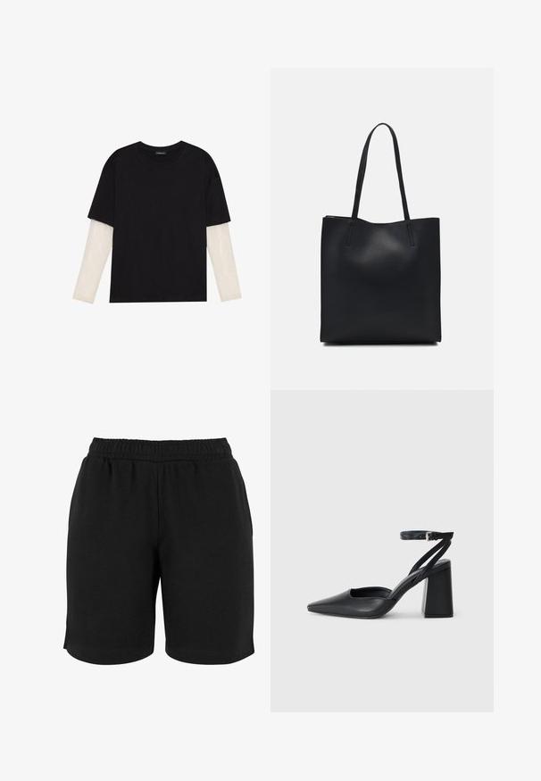 Fekete pamut póló, rövid ujjal, fehér hosszú ujjú réteg fölött, finom textúrával. Kerek nyakkivágású dizájn.; Fekete pamut rövidnadrág rugalmas derékkal, sima textúrával és egyszerű szabással. Zsebek vagy díszítések nem láthatók.; Fekete bőr, hegyes orrú magassarkú cipő boka pánttal és vastag sarokkal. Sima textúra, elegáns dizájn és minimális esztétika.; Fekete bőrtáska sima felszínnel, téglalap alakú, két hosszú füllel. Nincs látható fémkiegészítő vagy díszítés.