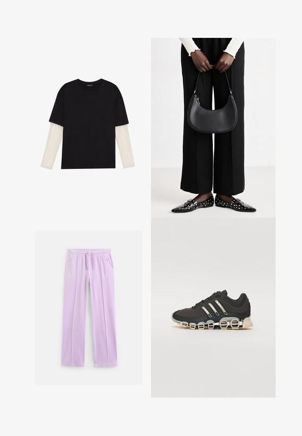 Črna majica iz bombaža s kratkimi rokavi, ki pokriva belo dolgi rokav z subtilnim teksturiranim vzorcem. Oblika izrezanega vratu.; Svetlo vijoličaste hlače s ravnimi hlačnicami, elastičnim pasom, nastavljivimi vrvicami in stranskimi žepi z zadrgo.; Črne športne čevlje z teksturiranim zgornjim delom, tremi srebrnimi črtami in značilno blažilno podplatom, ki vključuje več integriranih delov.; Črna usnjena torba za ramo z zaokroženo obliko, sijajno površino in srebrnimi dodatki. Oseba nosi črne široke hlače in loaferje s konicami.