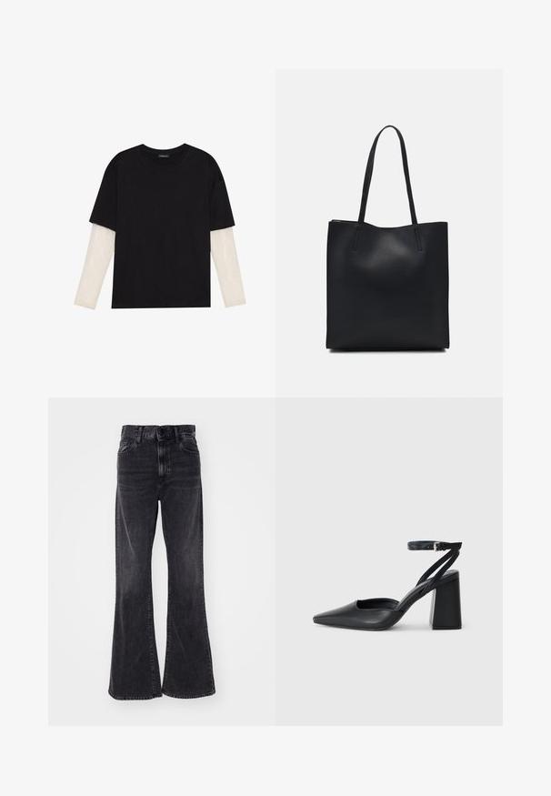 T-shirt preta de algodão, com mangas curtas sobre uma camada de mangas longas branca com um padrão texturizado subtil. Design de decote redondo.; Jeans flares em denim preto com uma cintura alta, design de cinco bolsos e desbotamento subtil. A bainha está ligeiramente desfiada, acrescentando textura.; Sandal com biqueira afilada em couro preto, com cinta no tornozelo e salto grosso. Textura lisa, design elegante e estética minimalista.; Bolsa tote preta em couro com textura lisa, forma retangular e duas alças longas. Sem hardware ou enfeites visíveis.