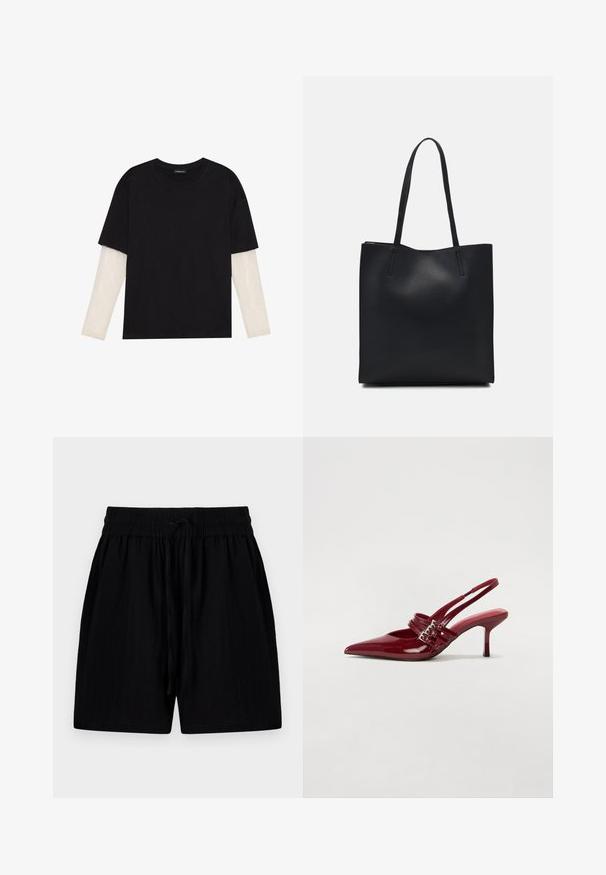 Zwarte T-shirt van katoen, met korte mouwen over een witte lange mouw laag met een subtiel textuurpatroon. Ronde hals ontwerp.; Zwarte shorts van lichtgewicht stof met een elastische tailleband, voorzien van zijzakken en een gestructureerd oppervlak.; Rode gepatenteerde leren slingbackhakken met een spitse neus, twee gespsluitingen en een slanke, middelhoge stilettohak. Glad textuur.; Zwarte leren handtas met een gladde textuur, rechthoekige vorm en twee lange handvaten. Geen zichtbare hardware of versieringen.